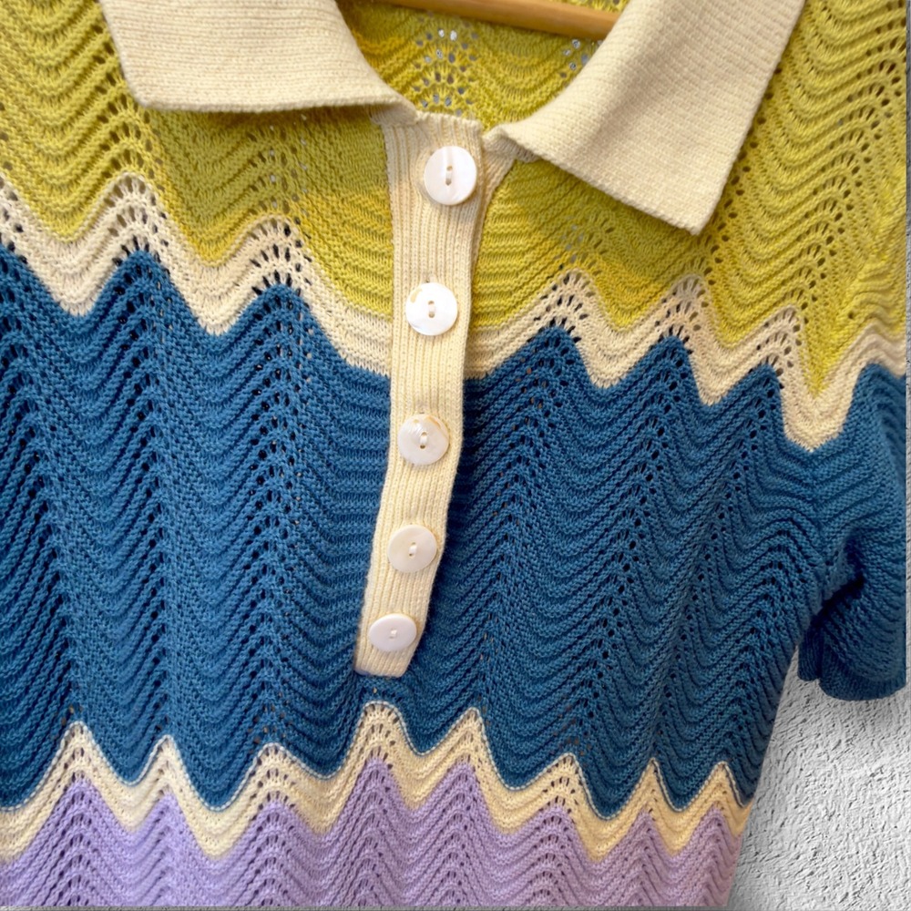 Heartloom Crochet Knit Polo Dress M Colorblock Zig Zag Stripe Cotton Retro Mod - Picture 4 of 14